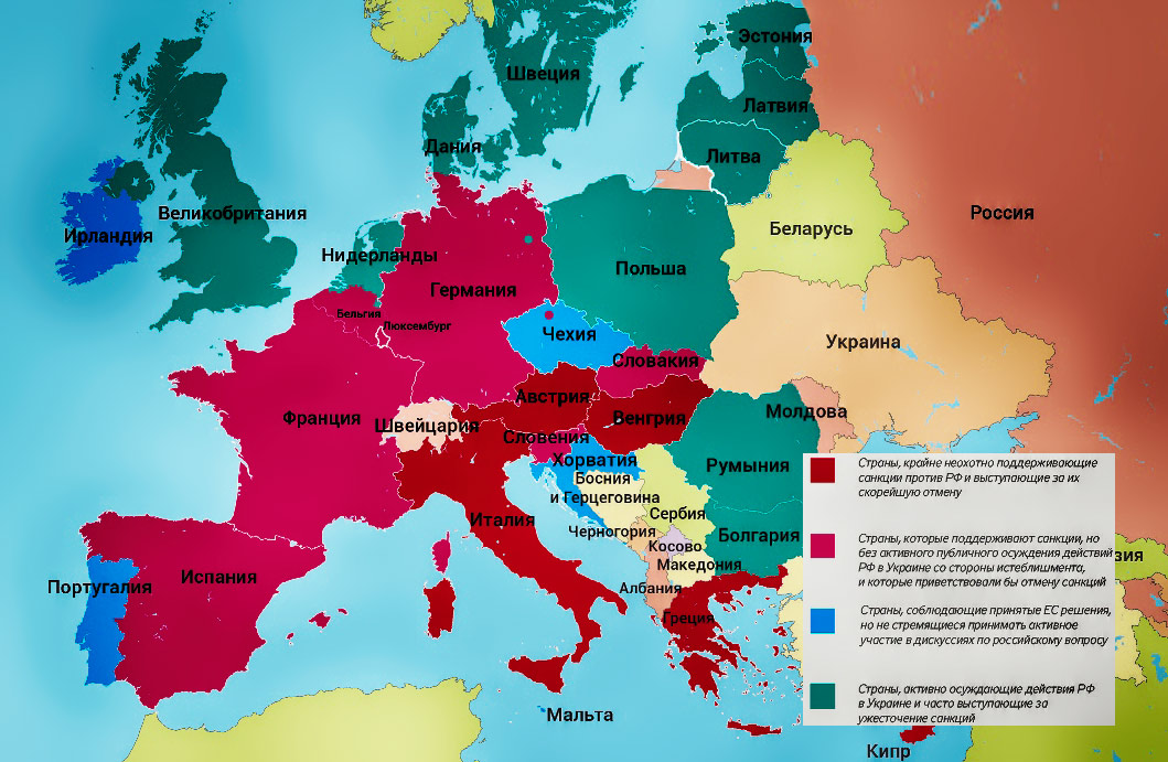 Mapa Europy, na której na granatowo są zaznaczone państwa, które bez etuzjazmu traktują sankcje wobec Rosji, na zielono - aktywnie krytykujące politykę Rosji wobec Ukrainy. Źródło: ZN.UA