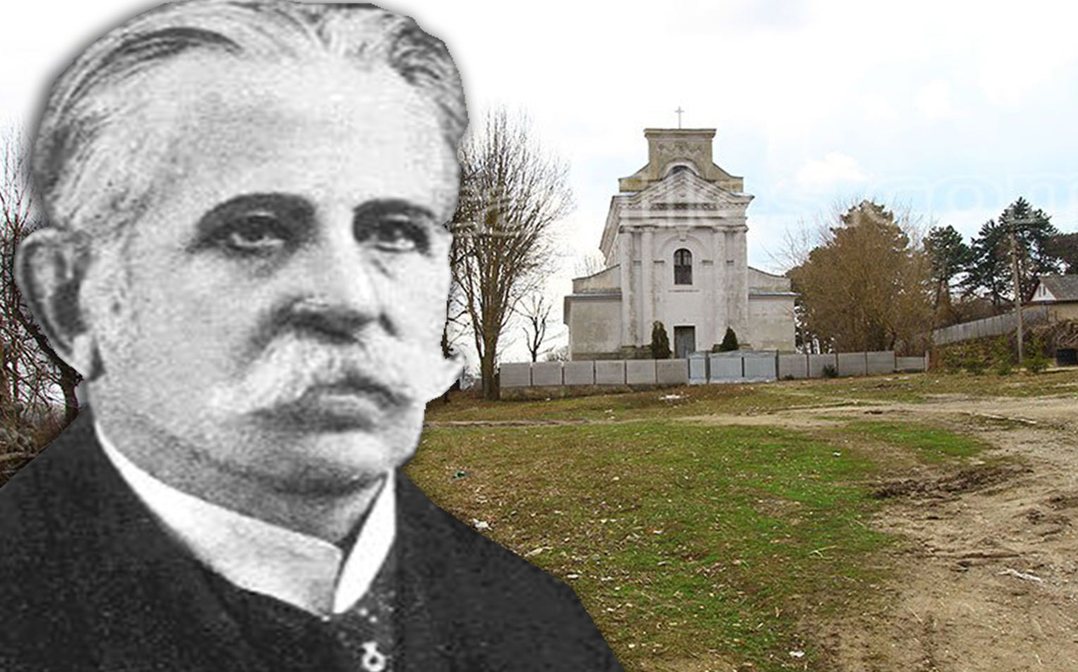 Stanisław Starzyński. W tle - kościół w Zamiechowie na Podolu